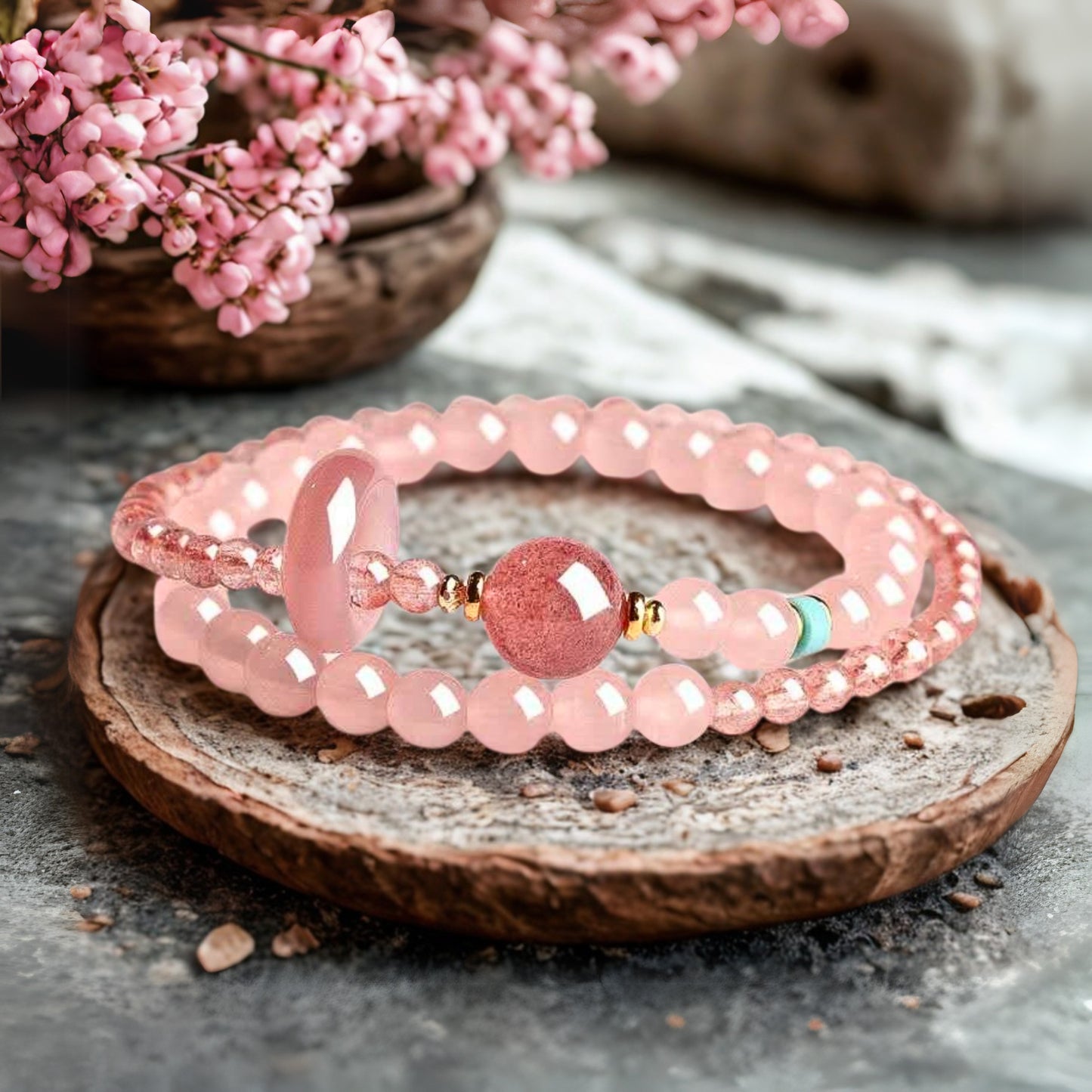 Celestial Whisper Erdbeer-Rosenquarz-Doppelstrang-Kristallarmband