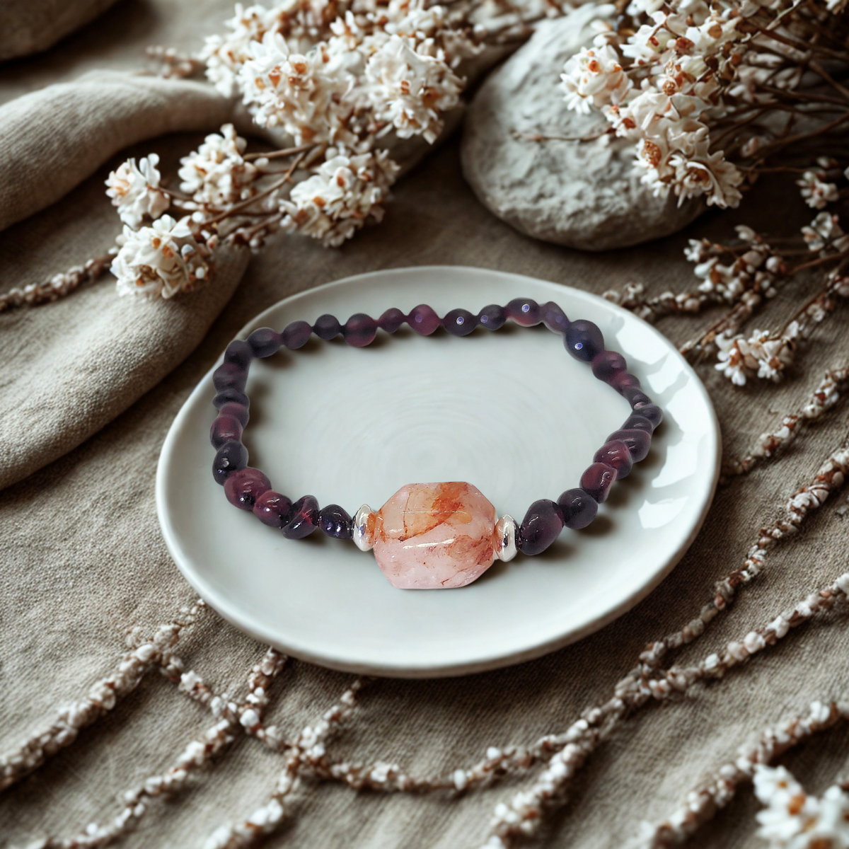 Garnet & Red Hematoid Quartz Crystal Bracelet Ring – Grounding & Vitality