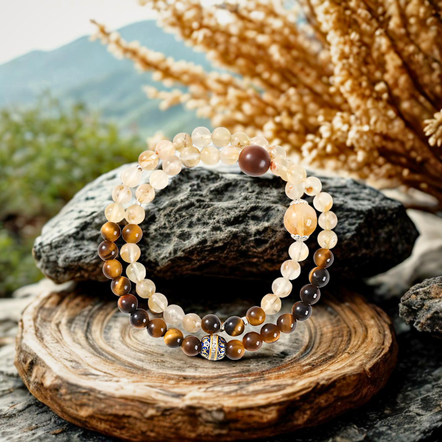 Wohlstand & Motivation Golden Dusk Citrin Tigerauge Doppelarmband