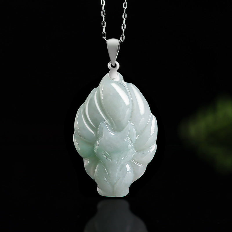 light green jade fox necklace with silver chain