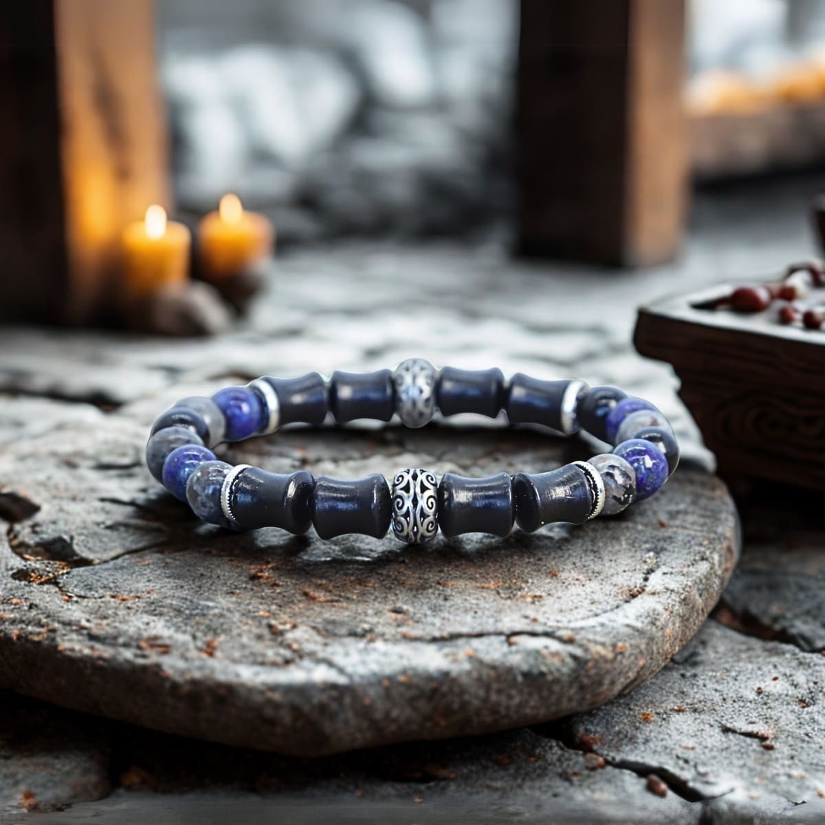 Monk Shield – Custom Chakra Bracelet in Ebony & Tibetan Silver