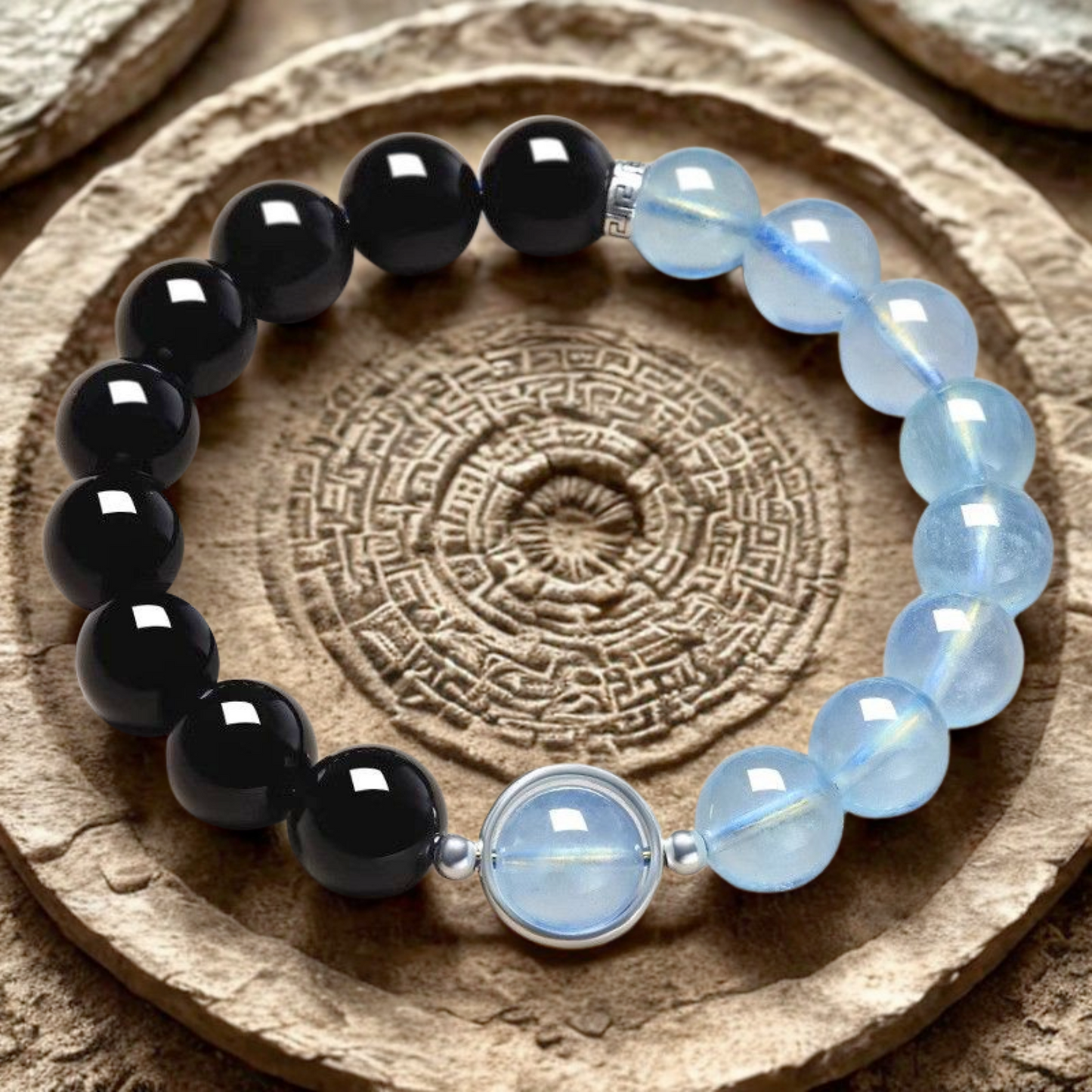 Bracelet Paix et Stabilité Étoile de Nuit Obsidienne et Aigue-marine