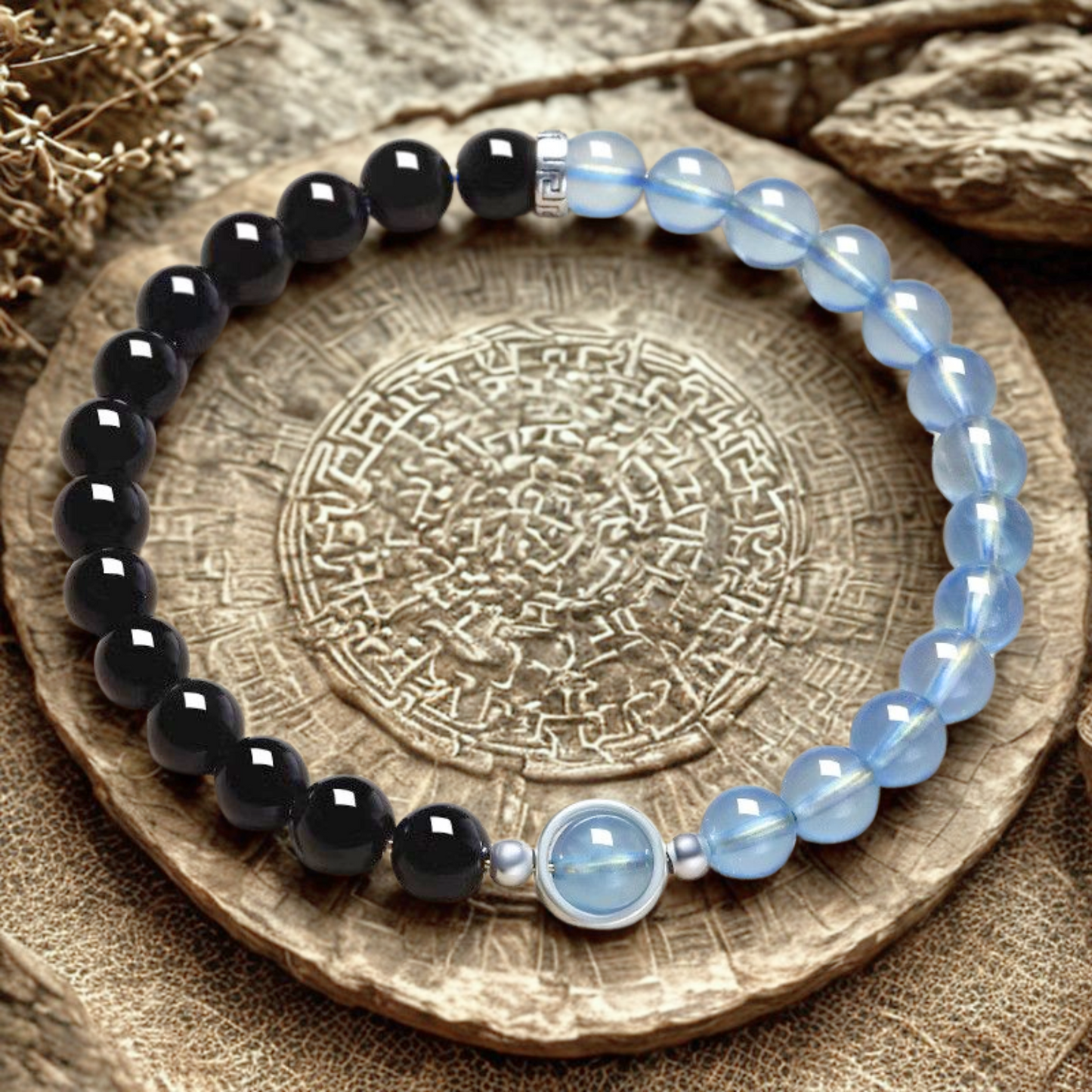 Bracelet Paix et Stabilité Étoile de Nuit Obsidienne et Aigue-marine