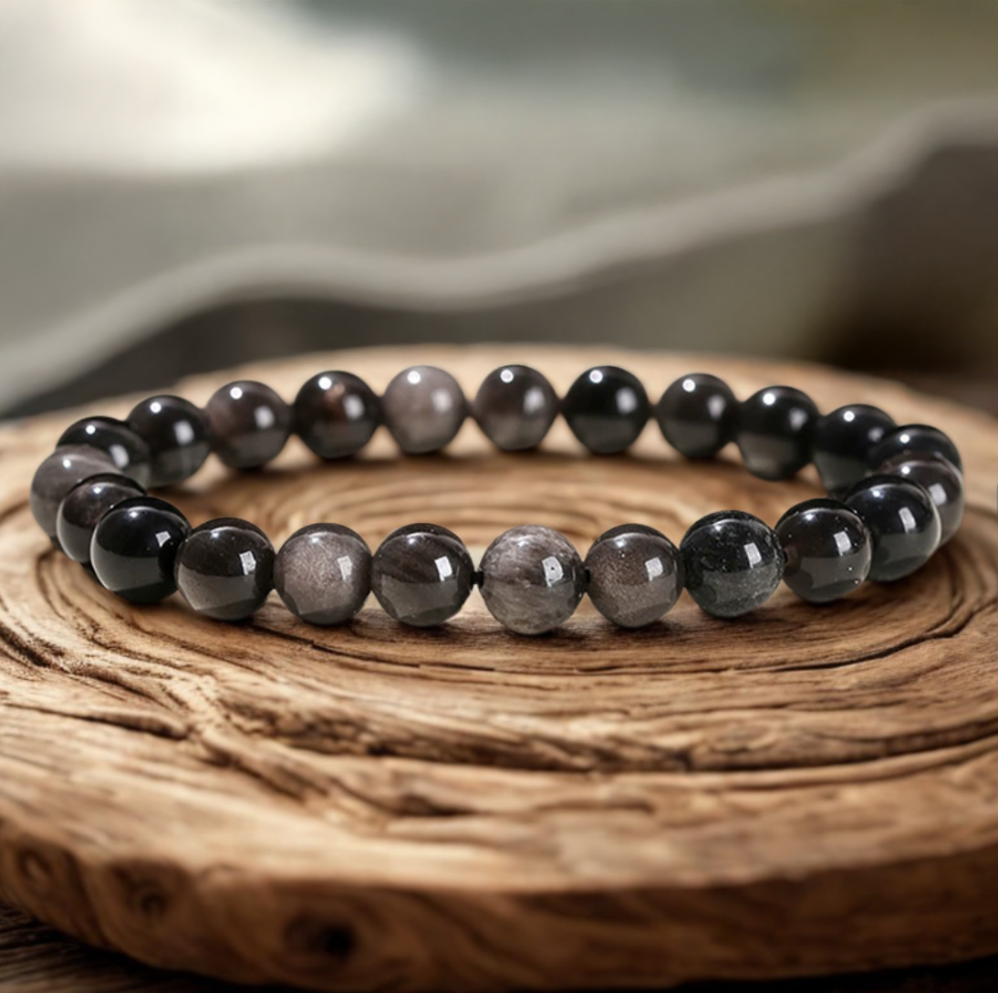 Silbernes Intuitions- und Energieschildarmband aus Obsidian