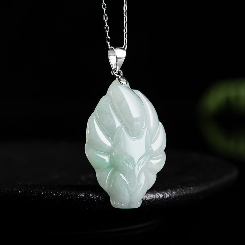 light green jade fox necklace with silver chain women