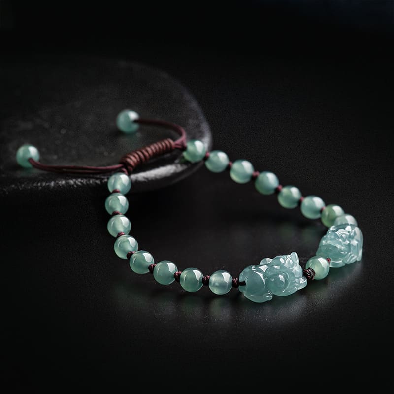 Real Blue Jadeite Pi Xiu Bracelet – Handmade Wealth Protection Charm for Women