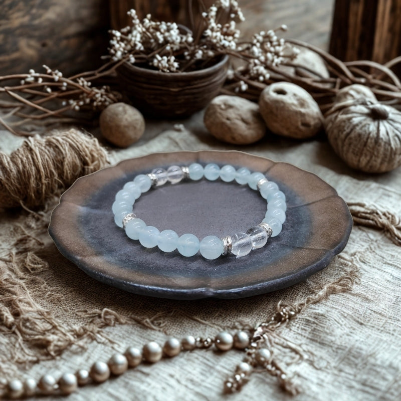 Aquamarine & Clear Quartz Bracelet – Calming Energy Healing Beads with Silver Spacers