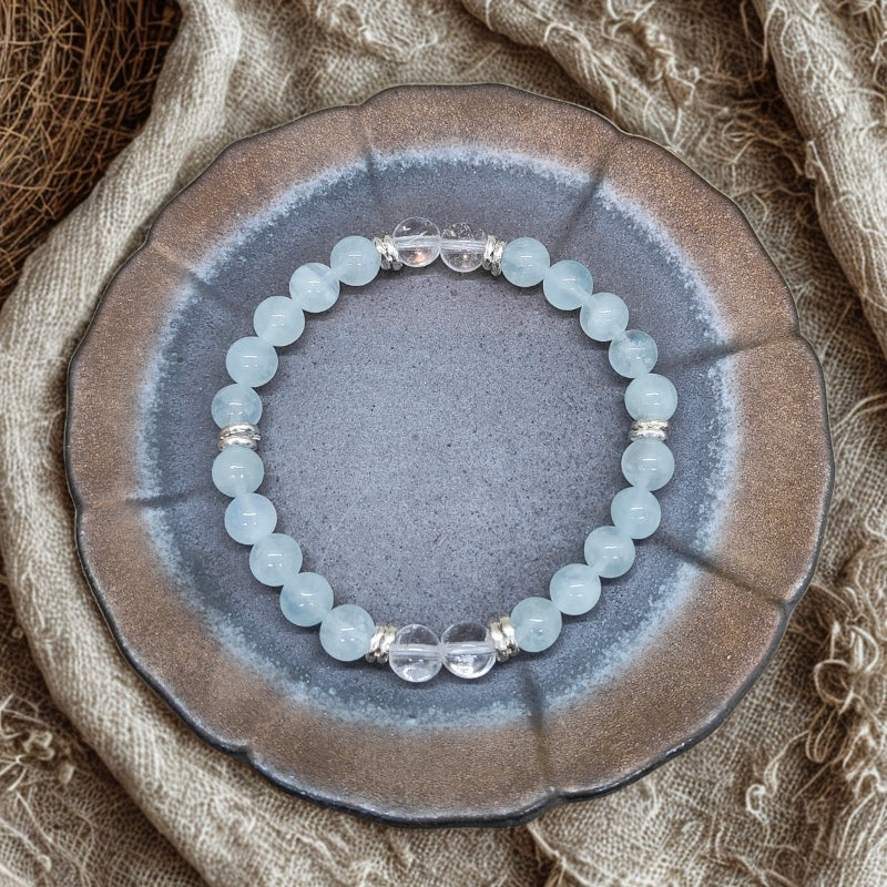 Aquamarine & Clear Quartz Bracelet – Calming Energy Healing Beads with Silver Spacers