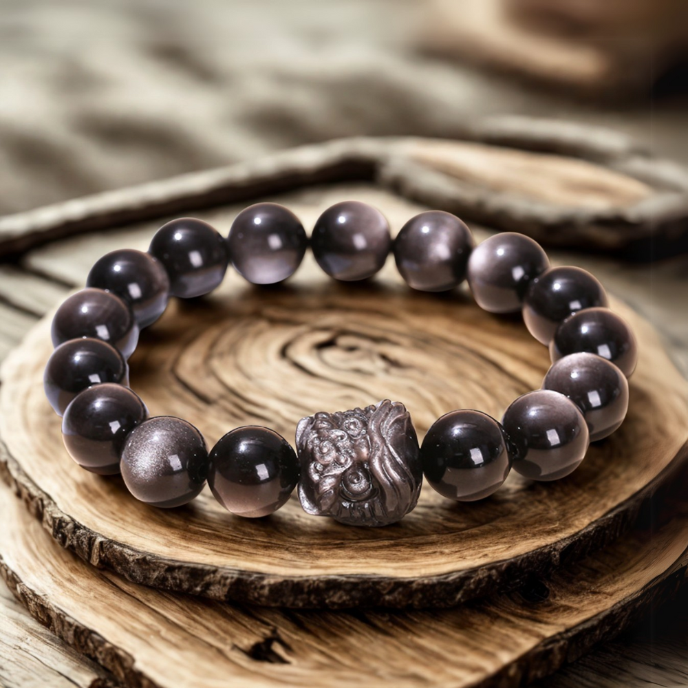 Kraft &amp; Schutz Erwachter Löwe Silber Glanz Obsidian Armband