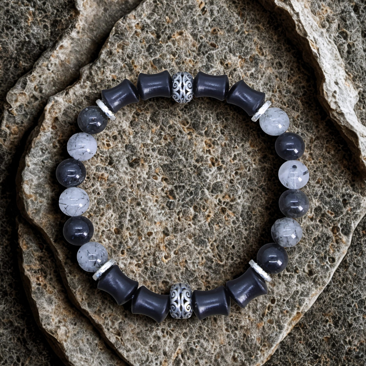 Monk Shield – Custom Chakra Bracelet in Ebony & Tibetan Silver