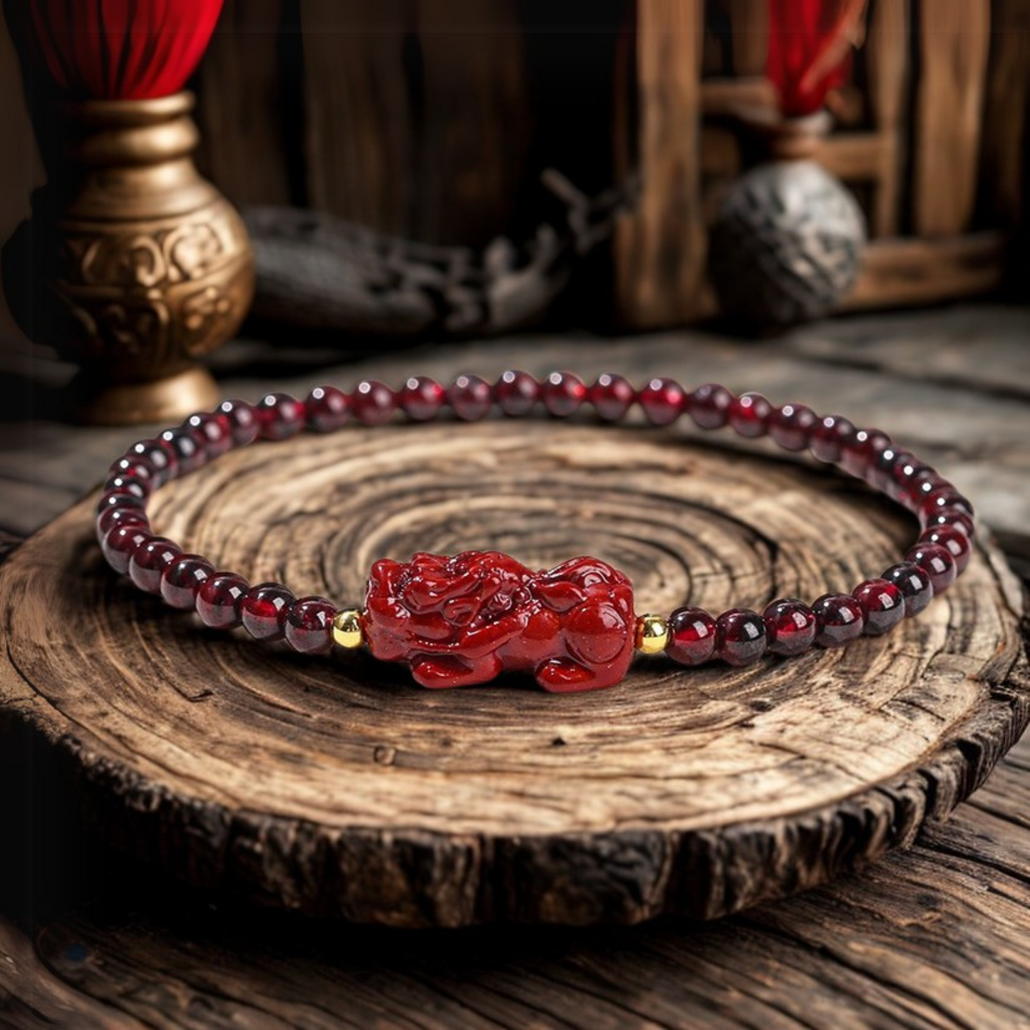 Bracelet Pixiu en grenat gardien de la richesse – Breloque de protection en argile rouge