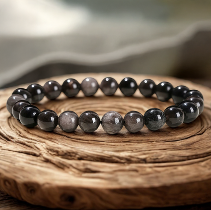 Silbernes Intuitions- und Energieschildarmband aus Obsidian