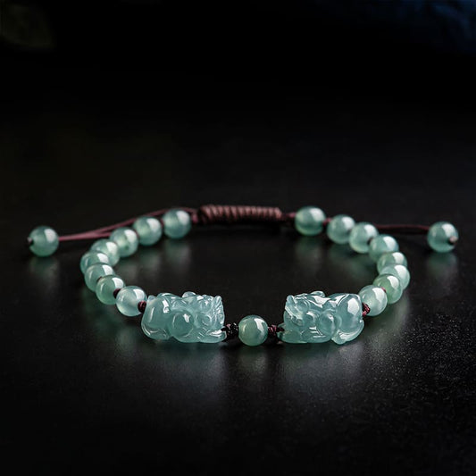 Real Blue Jadeite Pi Xiu Bracelet – Handmade Wealth Protection Charm for Women